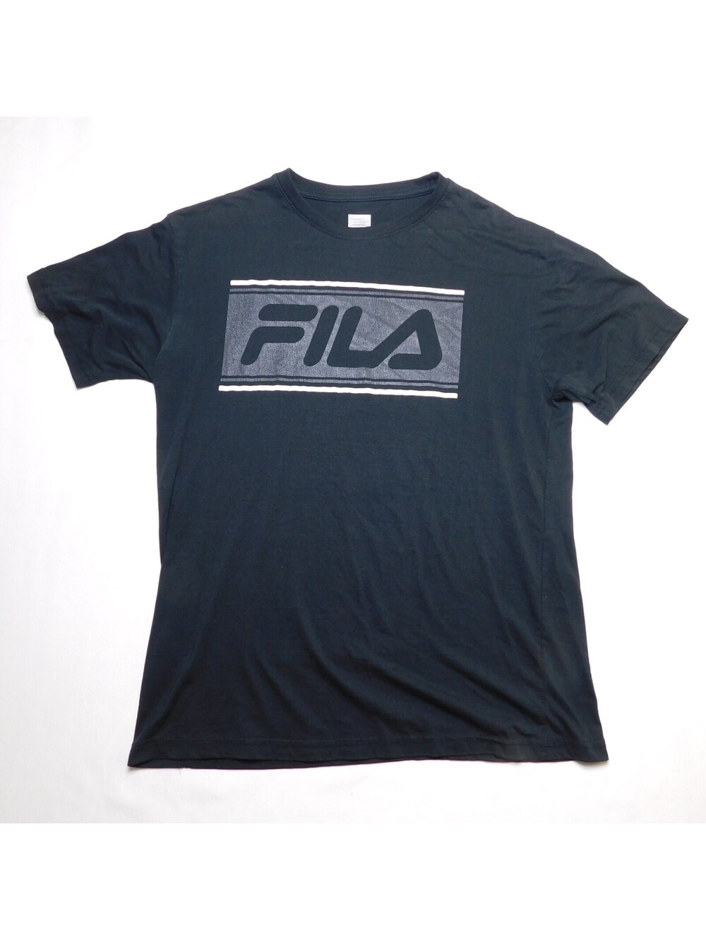 FILA Men's Large Black Graphic Box Logo Striped Short Sleeve T-Shirt 20x27